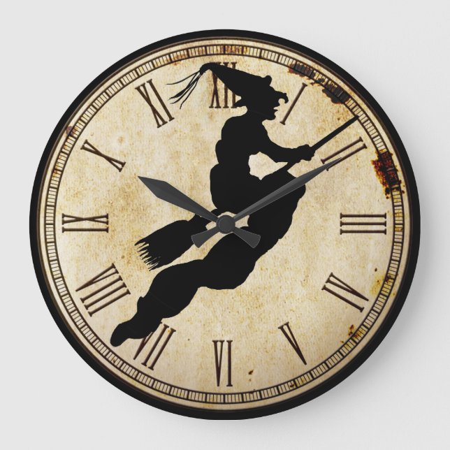 Redondo Grande Halloween Witch Silhouette | Cara de reloj de vint (Anverso)