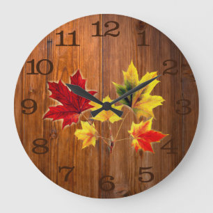 Redondo Grande Hojas de arce vintage en grano de madera Reloj gra