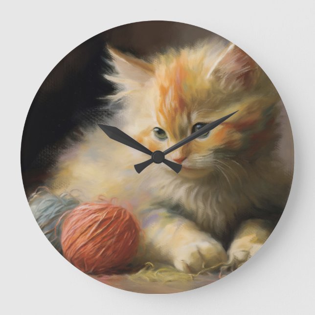 Redondo Grande Knit Sucede Naranja Kitten Con Yarn Gran Reloj (Anverso)
