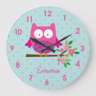 Redondo Grande Lechuza rosa en una rama personalizada reloj de pa