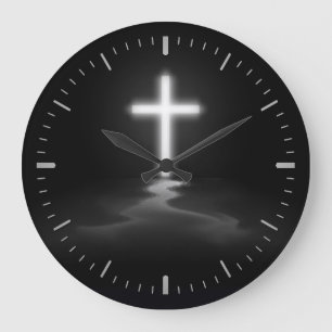 Redondo Grande Línea Azul delgada - Reloj de cruz cristiana grand