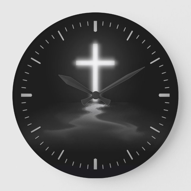 Redondo Grande Línea Azul delgada - Reloj de cruz cristiana grand (Anverso)