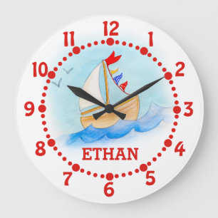 Redondo Grande Los niños llaman velero barco arte reloj azul blan