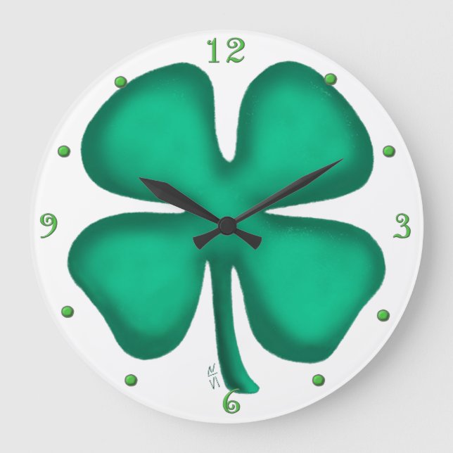 Redondo Grande Lucky 4 Leaf Irish Clover wall reloj con números (Anverso)