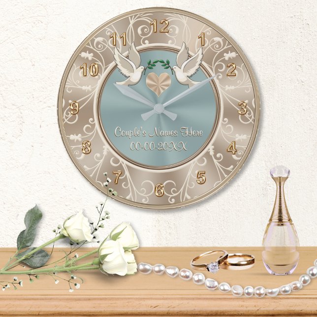 Redondo Grande Magnífico reloj Boda PERSONALIZADO con TU TEXTO (Personalized wall clock for wedding gift. Love Birds wedding gifts. Elegant wedding gift for friends)