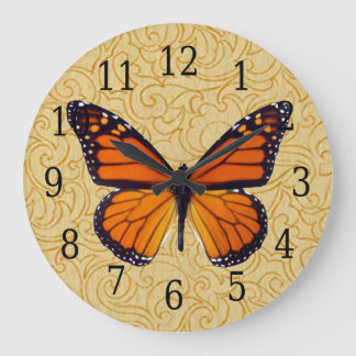 Redondo Grande Mariposa Monarca En Reloj De Grano De Madera De Sw