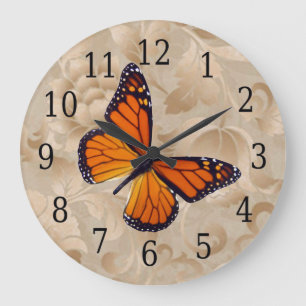 Redondo Grande Mariposa Monarca En Reloj Floral Marrón