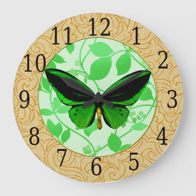 Redondo Grande Mariposa Verde En Reloj De Hojas Verdes (Anverso)