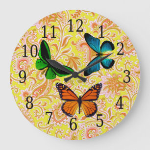 Redondo Grande Mariposas azules, verdes y Naranjas en el reloj de