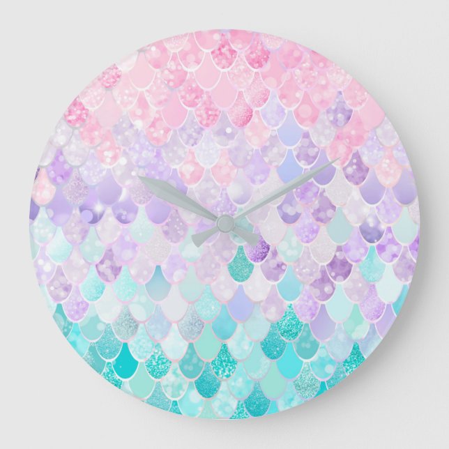 Redondo Grande Mermaid Pastel Chicas Dormitorio Reloj de guarderí (Anverso)