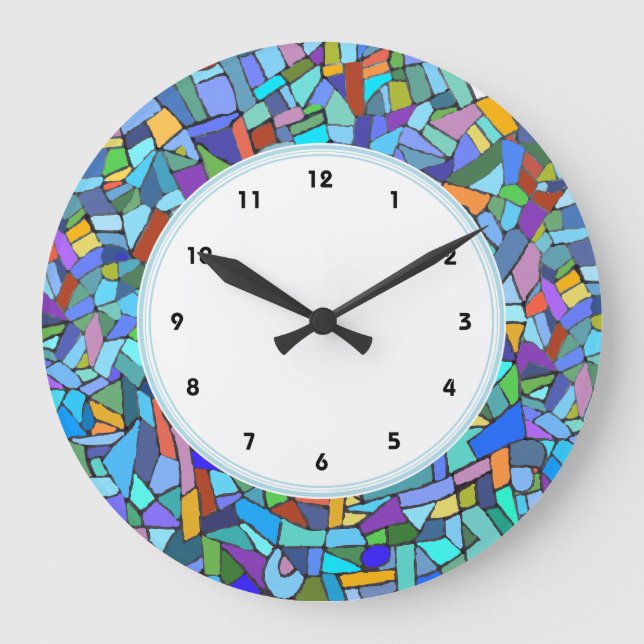 Redondo Grande Modelo de mosaico azul abstracto numerado reloj (Anverso)