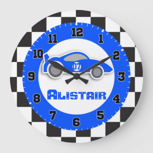 Redondo Grande Niños coche bandera azul a cuadros nombre reloj de