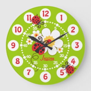 Redondo Grande Niños ladybug y flor lindo chicas verdes reloj de
