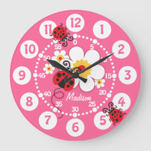 Redondo Grande Niños ladybug y flores lindo chicas rosados reloj