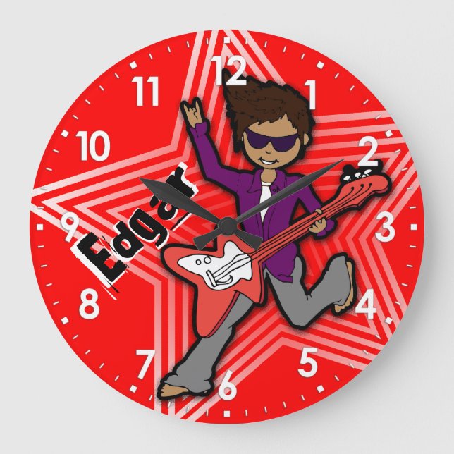 Redondo Grande Niños llaman rock star guitarra niño reloj rojo (Anverso)