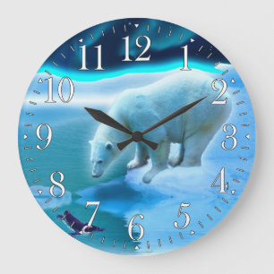 Redondo Grande Oso Polar y Reloj de Arte Pingüino Ártico Aurora
