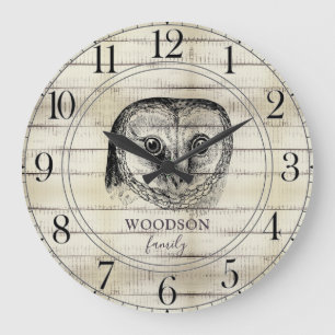 Redondo Grande Owl Rustic Light Wood Family Nombre Gran Reloj