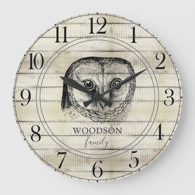Redondo Grande Owl Rustic Light Wood Family Nombre Gran Reloj (Anverso)