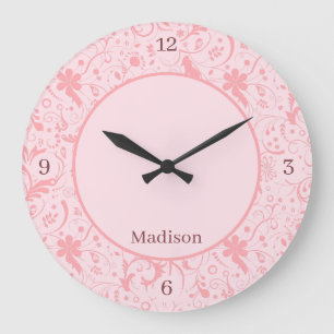 Redondo Grande Patrón de Damasco Floral Rosa Gran Reloj