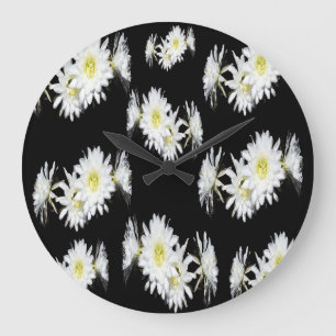 Redondo Grande Patrón de flor de Cacti blanco negro, reloj de par