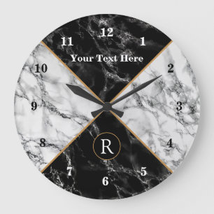 Redondo Grande Personalizado Texto Monograma Reloj Mármol Blanco 
