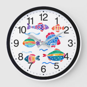 Redondo Grande Pescados que nadan el reloj lindo del cuarto de