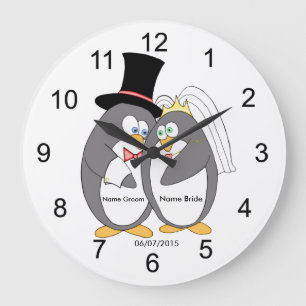 Redondo Grande Pingüino Amor Reloj Boda personalizado