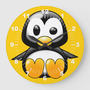 Redondo Grande Pingüino lindo en el reloj amarillo de pared