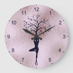 REDONDO GRANDE RELOJ - ÁRBOL DE SILHOUETTE DE LA DAMA DE YOGA