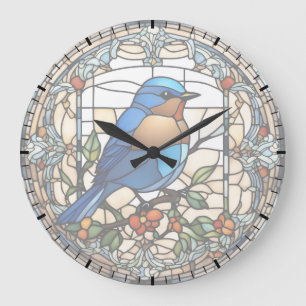Redondo Grande Reloj azul de pájaro azul Faux Stained Glass