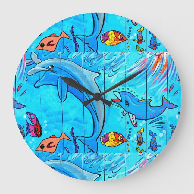 Redondo Grande reloj azul del delfín que ríe (Anverso)