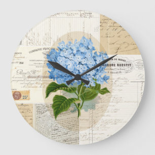 Redondo Grande Reloj azul del francés del Hydrangea del vintage