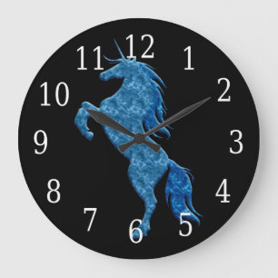 Redondo Grande Reloj azul del unicornio del fuego