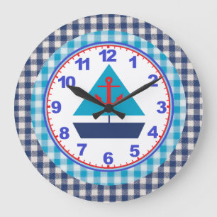 Redondo Grande Reloj azul del velero de los muchachos de la