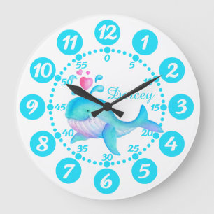 Redondo Grande Reloj blanco del arte de la ballena adorable del n