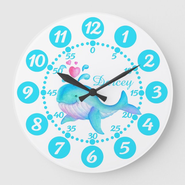 Redondo Grande Reloj blanco del arte de la ballena adorable del n (Anverso)