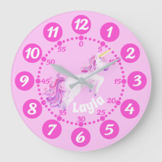 Redondo Grande Reloj blanco rosado del arte del unicornio lindo d