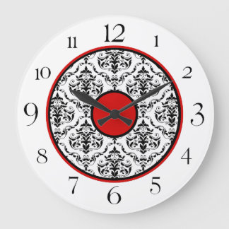 Redondo Grande Reloj blanco y negro de damasco elegante de 10,75"