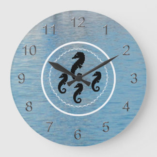 Redondo Grande Reloj - Caballitos de mar, agua y anillos blancos