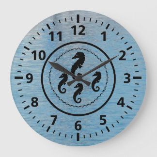 Redondo Grande Reloj - Caballos de mar negros y agua
