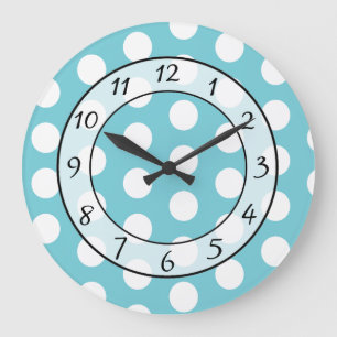 Redondo Grande Reloj caprichoso de puntos de polka azul y blanco
