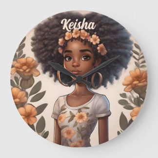 Redondo Grande Reloj Chica afroamericano personalizado