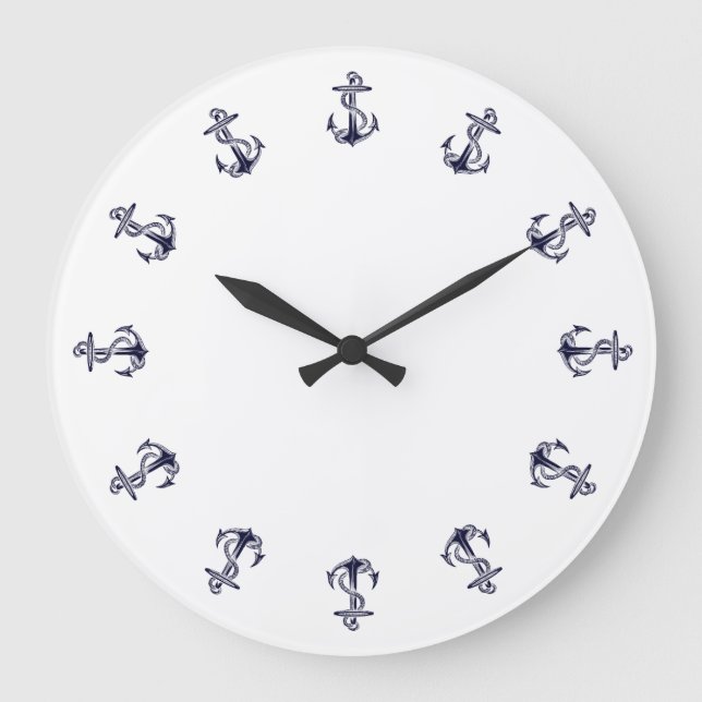 Redondo Grande Reloj con Anclas Náuticas de Fondo Blanco (Anverso)