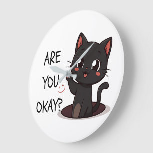 Redondo Grande Reloj con diseño de gato negro Kawaii