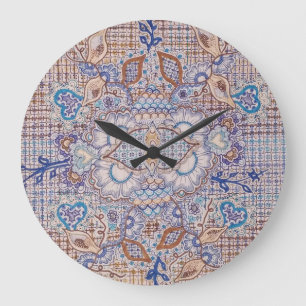 Redondo Grande reloj con diseño floral azul y marrón