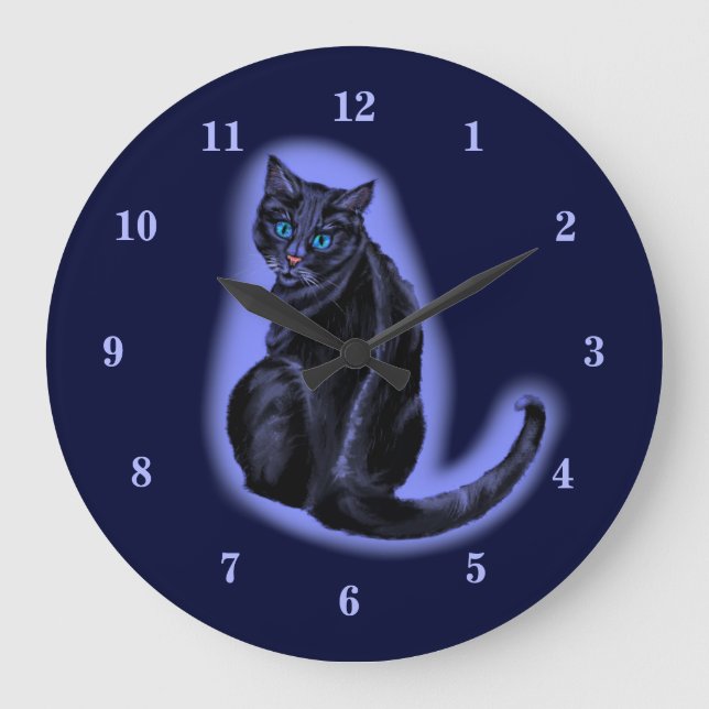 Redondo Grande Reloj con gato negro de ojos azules en la noche os (Anverso)