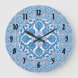Redondo Grande Reloj con patrón de aciano azul blanco y números n