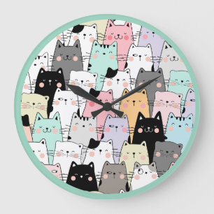 Redondo Grande Reloj con patrón de gatos lindos, gatos divertidos