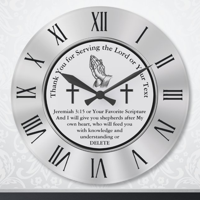 Redondo Grande Reloj cristiano personalizable con verso bíblico (Christian gifts for Pastors. Christian Wall Clock. Thank you for serving the Lord. Jeremiah 3:15.)
