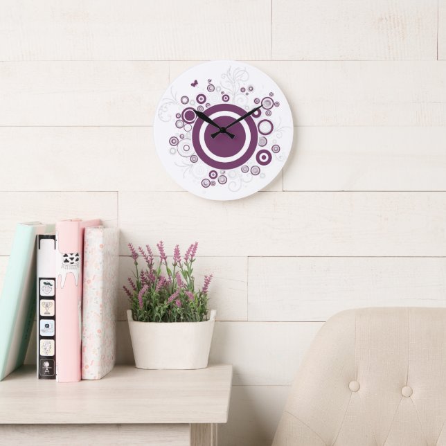 Redondo Grande Reloj de 10,75" de elementos florales de abstrato  (Sala de lectura)